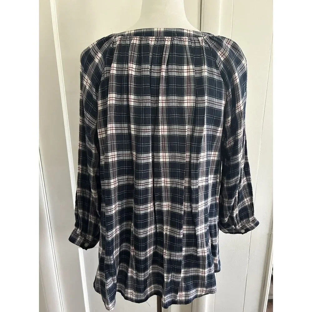Ann Taylor LOFT Plaid Henley Peasant 3/4 Length Sleeve Blouse Size Small - Picture 5 of 7